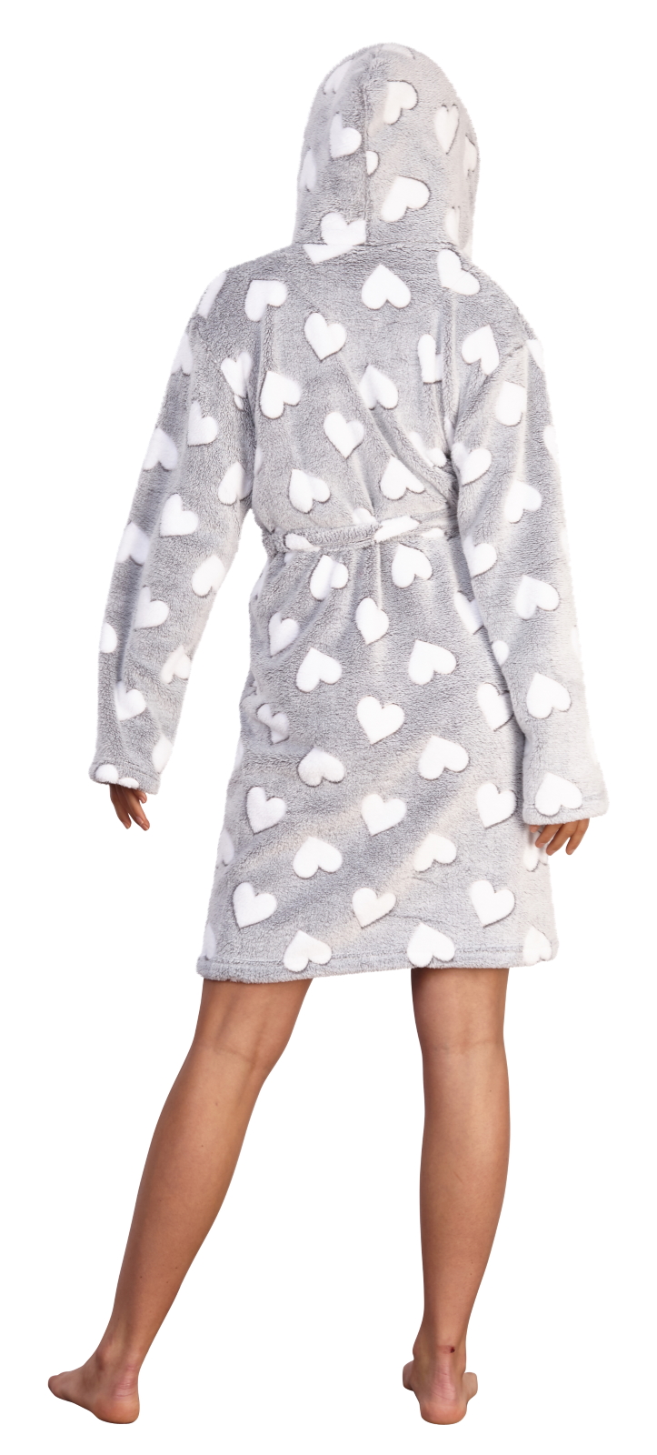 Womens Luxury Dressing Gown Grey Heart Print Hooded Robe Ladies Fleece